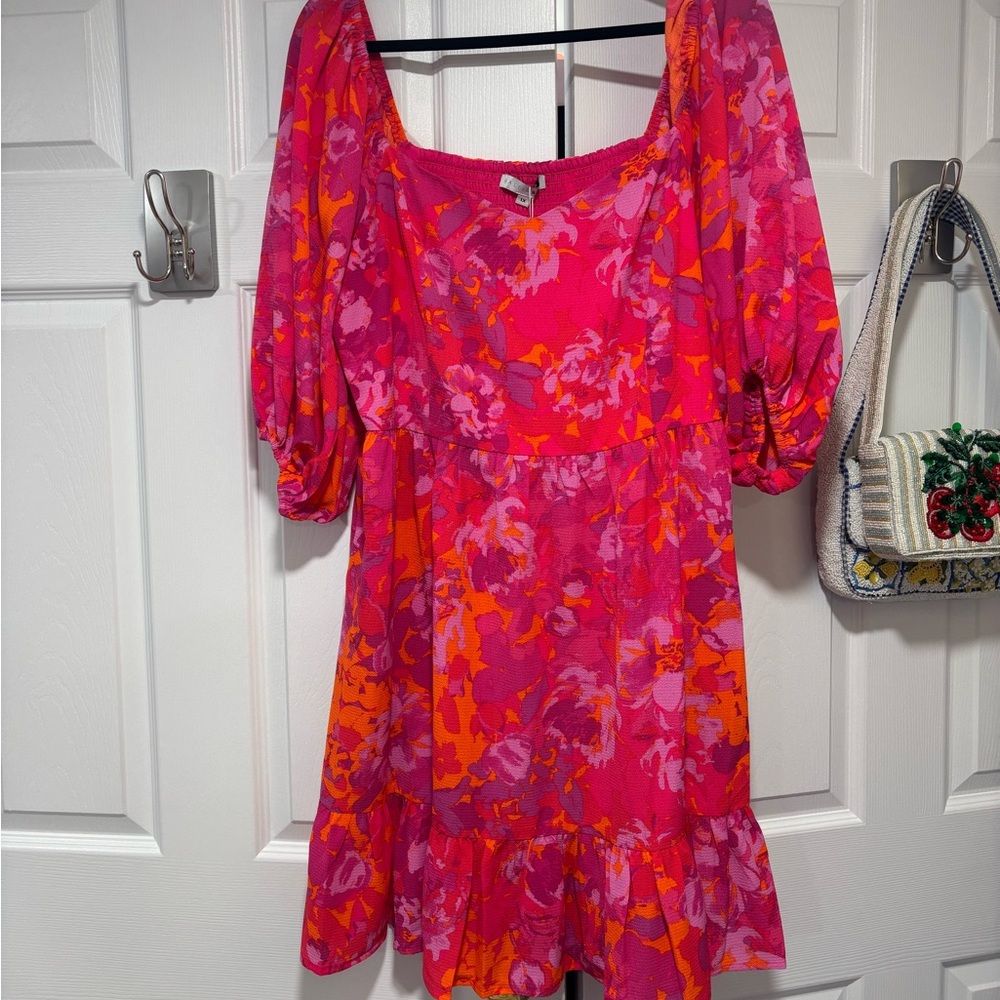 Baltic Born Hot Pink & Orange Floral Puff Sleeve Mini Dress
